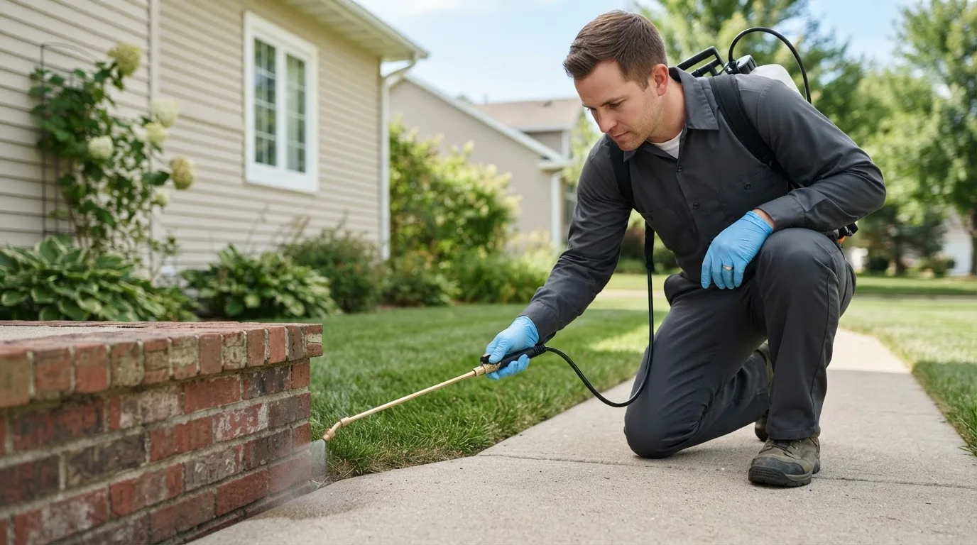 Pest control technician treating a home near Northport, AL